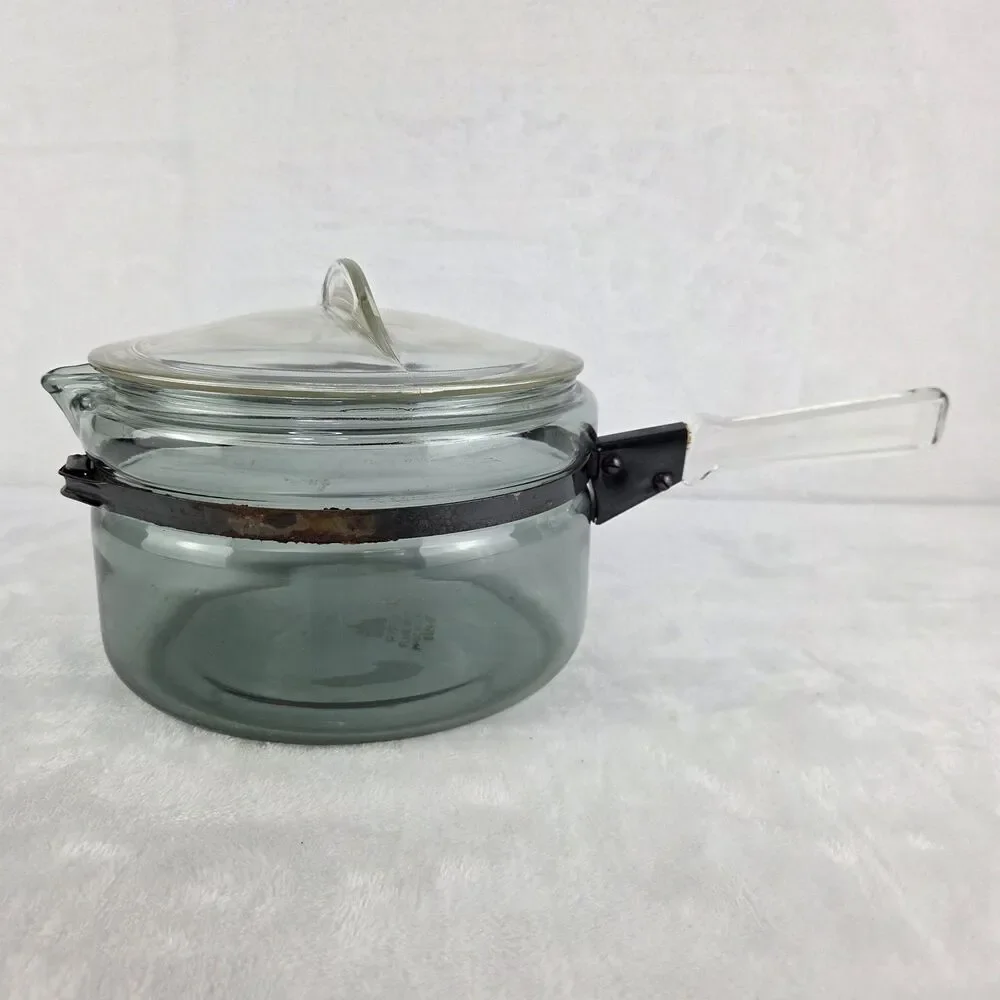 Vintage Pyrex Flameware 6324-B Glass Saucepan With Spout Lid & Handle USA
